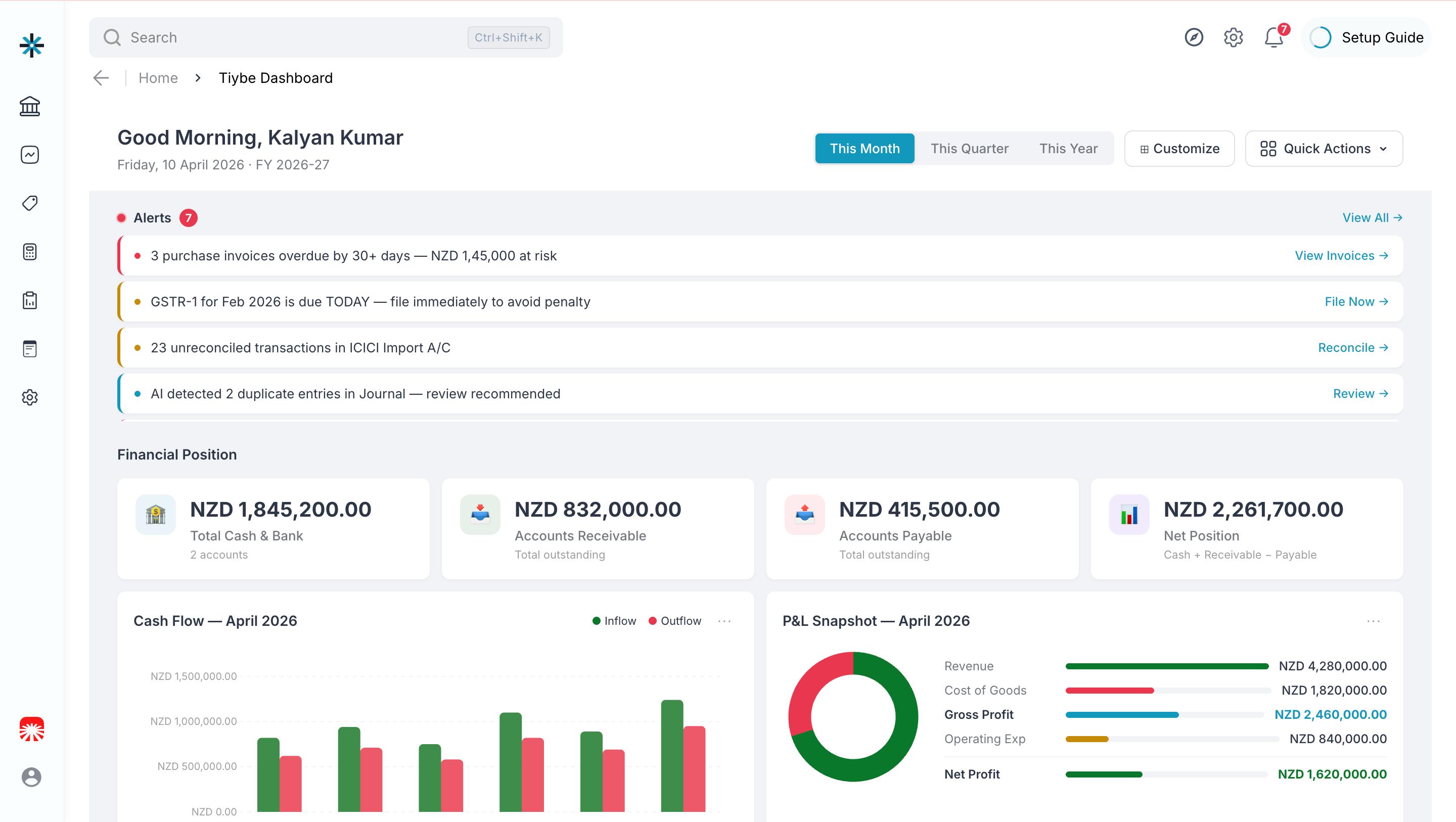Tiybe dashboard preview showing financial position, alerts, cash flow and P&L snapshot