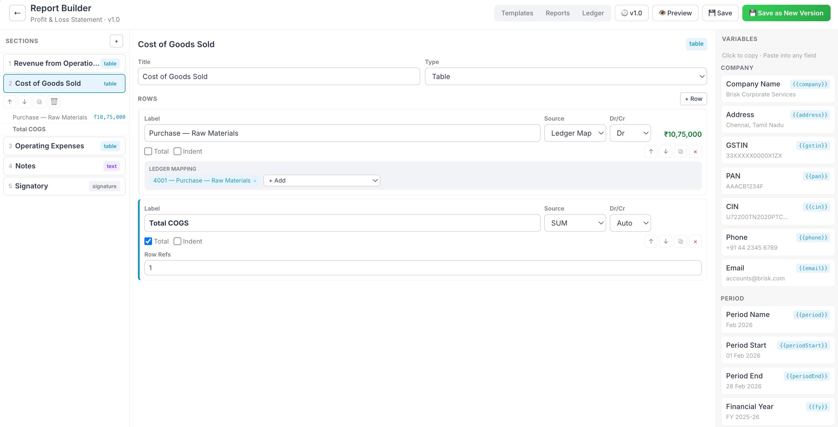 Tiybe Report Builder interface showing Profit & Loss statement with sections, ledger mappings and variable fields